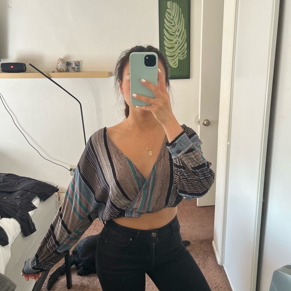 Blue Purple Crop Top Blouse